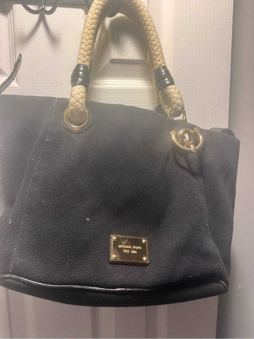 Michael Kors Black Canvas Tote with Rope Handles & Gold Hardware